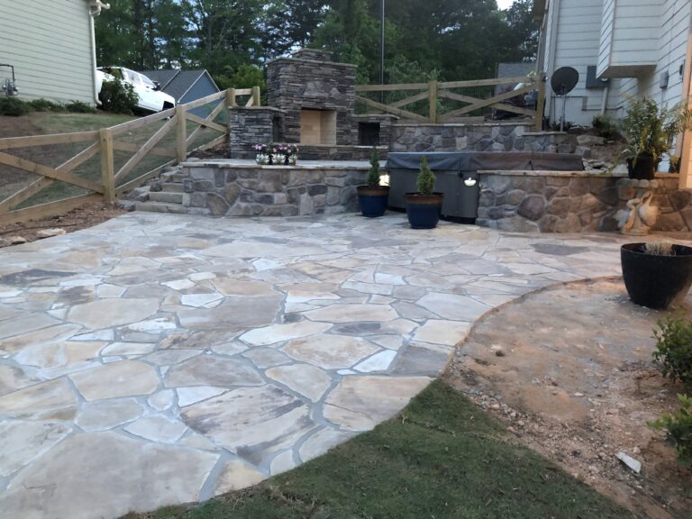 Fire pit and outdoor living area with paver patio and walkway by Stone Edge Landscapes, North West Georgia