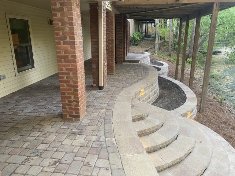Stone retaining wall and steps with paver patio and walkway by Stone Edge Landscapes, North West Georgia