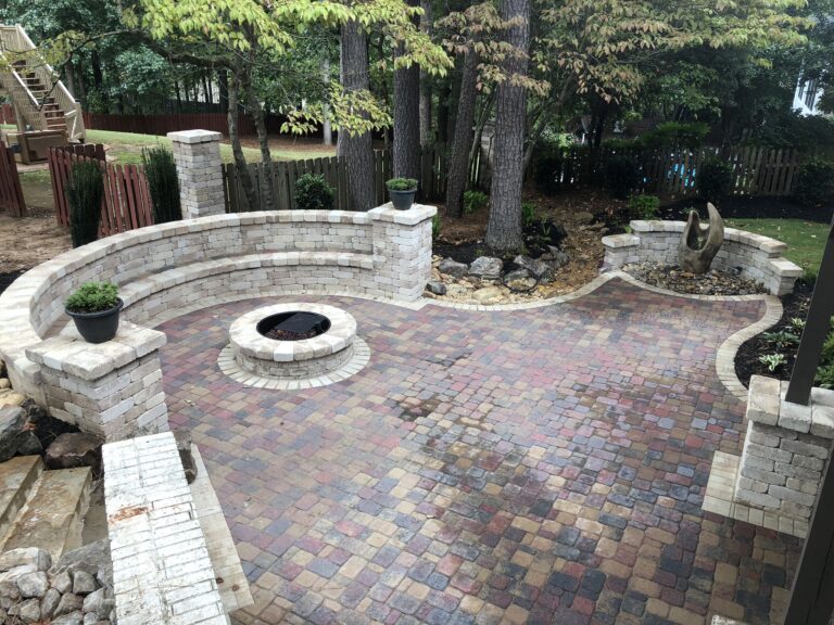 Fire pit and outdoor living area with paver patio and walkway by Stone Edge Landscapes, North West Georgia