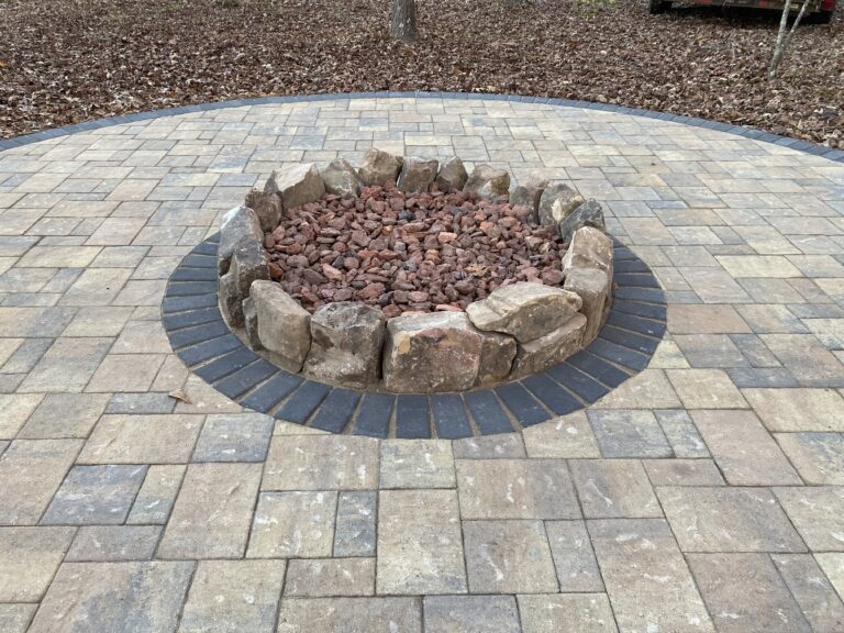 Fire pit and outdoor living area with paver patio and walkway by Stone Edge Landscapes, North West Georgia