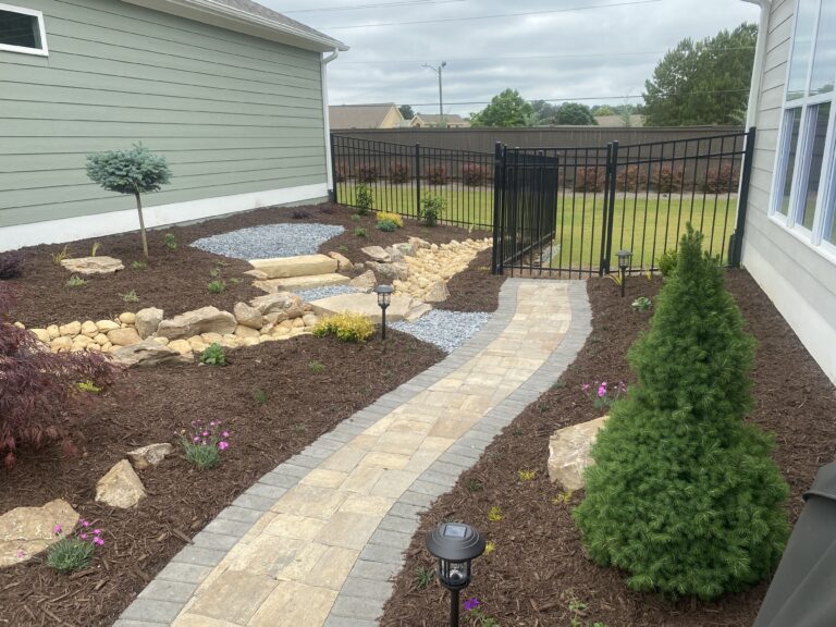 Paver patio and walkway with landscape plantings by Stone Edge Landscapes, North West Georgia