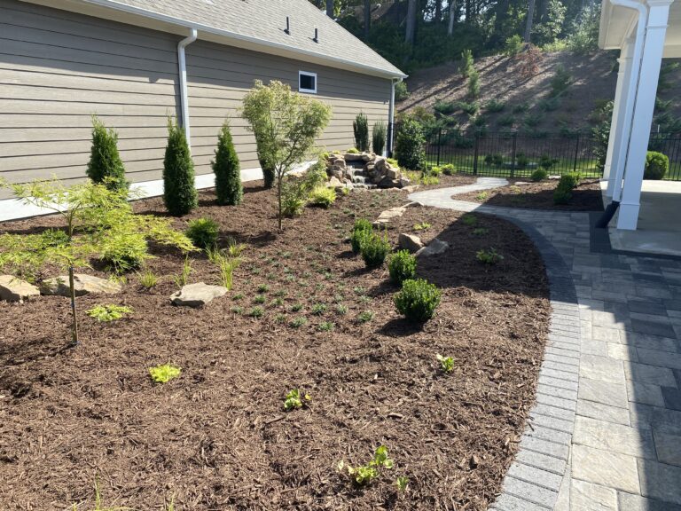 Paver patio and walkway with landscape plantings by Stone Edge Landscapes, North West Georgia