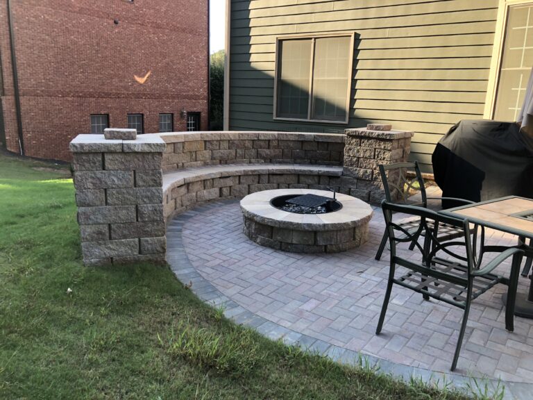 Fire pit and outdoor living area with paver patio and walkway by Stone Edge Landscapes, North West Georgia
