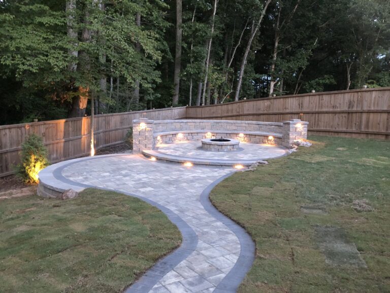 Fire pit and outdoor living area with paver patio and walkway by Stone Edge Landscapes, North West Georgia