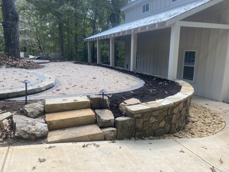 Stone retaining wall and steps with paver patio and walkway by Stone Edge Landscapes, North West Georgia