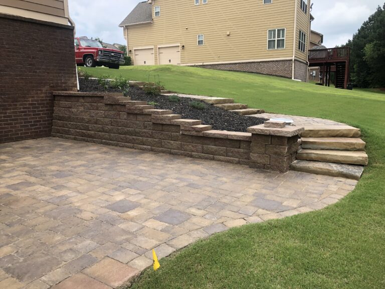 Stone retaining wall and steps with paver patio and walkway by Stone Edge Landscapes, North West Georgia