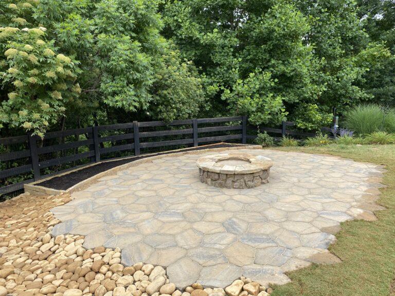Fire pit and outdoor living area with paver patio and walkway by Stone Edge Landscapes, North West Georgia