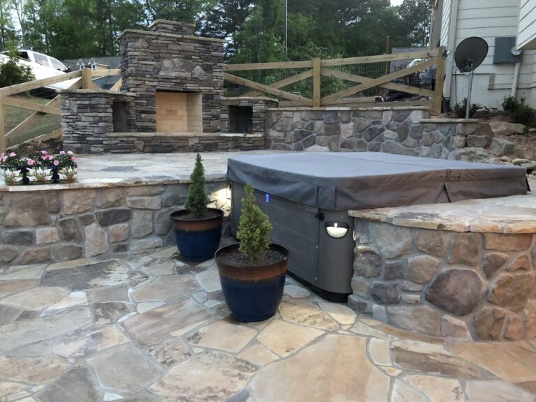 Fire pit and outdoor living area with paver patio and walkway by Stone Edge Landscapes, North West Georgia