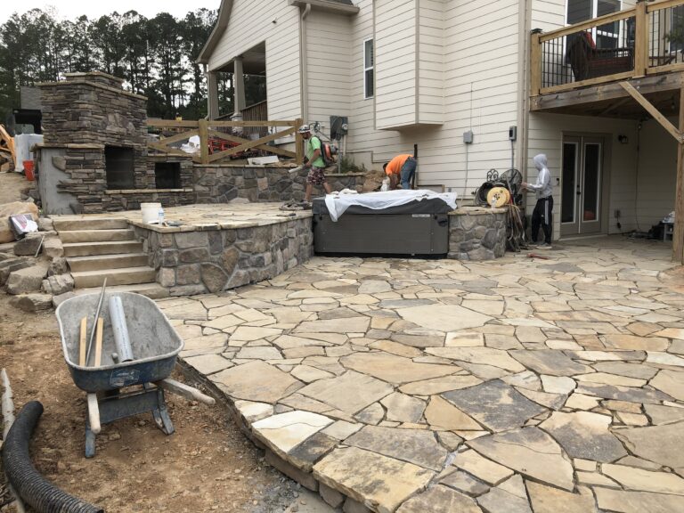Fire pit and outdoor living area with paver patio and walkway by Stone Edge Landscapes, North West Georgia