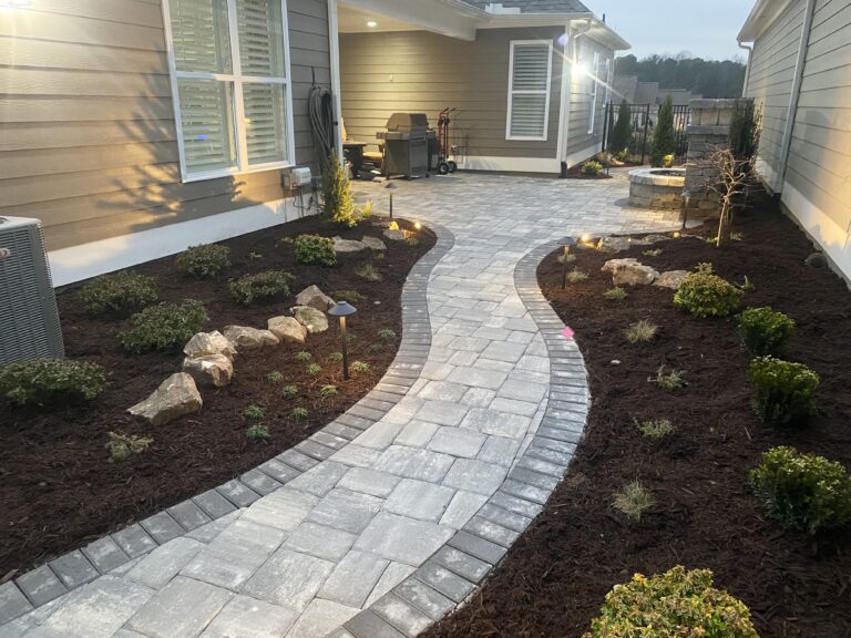 Paver patio and walkway with landscape plantings by Stone Edge Landscapes, North West Georgia