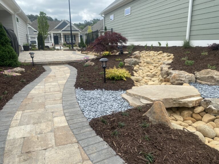 Paver patio and walkway with landscape plantings by Stone Edge Landscapes, North West Georgia