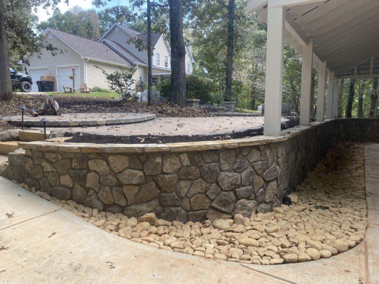 Stone retaining wall and steps with paver patio and walkway by Stone Edge Landscapes, North West Georgia