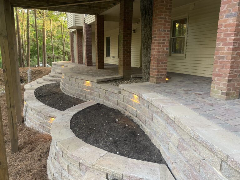 Stone retaining wall and steps with paver patio and walkway by Stone Edge Landscapes, North West Georgia