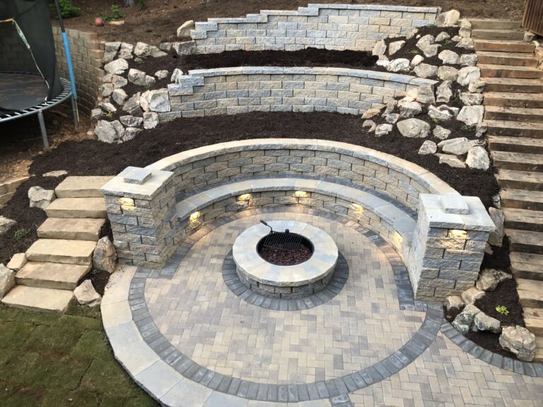Stone retaining wall and steps with paver patio and walkway by Stone Edge Landscapes, North West Georgia